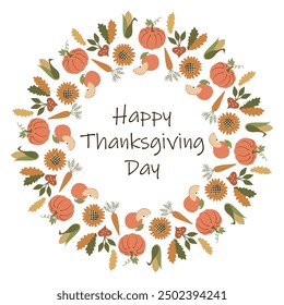 Happy Thanksgiving Day Kranz der Herbstblätter mit Kürbissen, Karotte, Sonnenblumen, Äpfel. Vektor Flach oder Cartoon Runder Rahmen mit Schriftzug. Feiertagsvorlage für Karte, Poster, Kunst