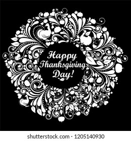 Happy Thanksgiving Day. Thanksgiving wreath. Flat design style. Greeting card. Celebration black background with turkey, harvest, pumpkin, autumn leaves and place for your text. Vector illustration