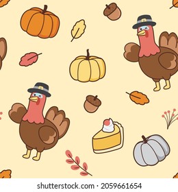 Happy thanksgiving day.Seamless pattern of cute turkey,pie,pumpkin,leaf cartoon.Animal character design.Harvest festival.Fall.Autumn.Image for card,background.Kid graphic design.Vector.Illustration.