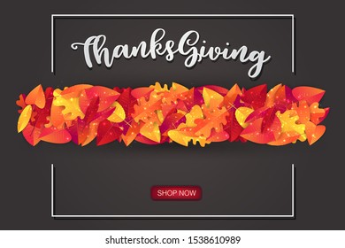 Happy Thanksgiving decoration graphics  with fall leaves. Seasonal event celebration design for invitation or advertisement. Realistic vector illustration with typography text.