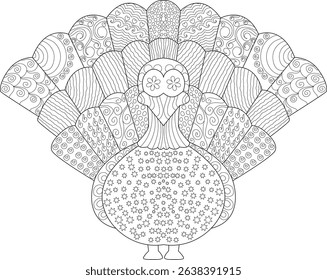 Happy Thanksgiving Decorative Turkey Coloring Page, Black and white line art illustration of a decorative turkey, perfect for coloring. Features intricate patterns and designs on the body and tail