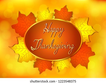 Happy thanksgiving design with autumn leafs frame, bokeh and text. Vector eps 10.