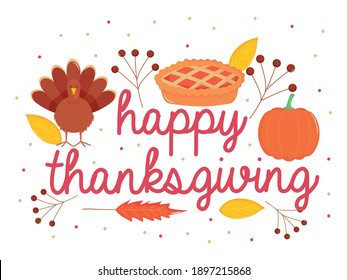 happy thanksgiving design with cartoon turkey, apple pie and pumpkin with decorative dry leaves around over white background, colorful design, vector illustration