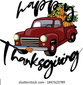 A Happy Thanksgiving design featuring a classic red truck filled with pumpkins. 