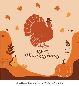 A Happy Thanksgiving design featuring a turkey wearing a hat surrounded by autumn leaves, pumpkins, and seasonal elements in warm orange tones.