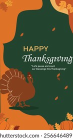 A Happy Thanksgiving design featuring a turkey, autumn leaves, and pumpkins on a warm-toned background, symbolizing gratitude and the harvest season