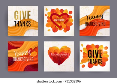 Happy Thanksgiving design. Give Thanks greeting cards. Set of Vector illustrations with colorful autumn leaves. Can be used for flyers, banners or posters. 
