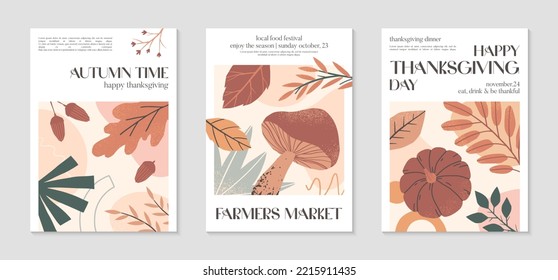 Happy Thanksgiving dinner and harvest posters with pumpkins,foliage and copy space for text.Modern autumn covers for invitations,social media marketing,greetings,brochure.Trendy holiday backgrounds.