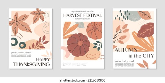 Happy Thanksgiving dinner and harvest posters with pumpkins,foliage and copy space for text.Modern autumn covers for invitations,social media marketing,greetings,brochure.Trendy holiday backgrounds.