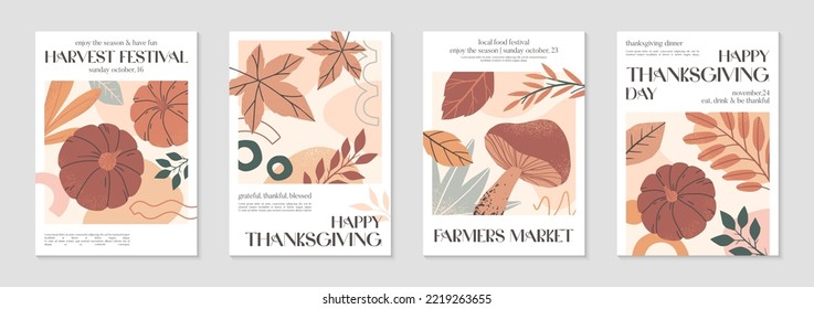 Happy Thanksgiving dinner and harvest posters with pumpkins,foliage and copy space for text.Modern autumn covers for invitations,social media marketing,greetings,brochure.Trendy holiday backgrounds.