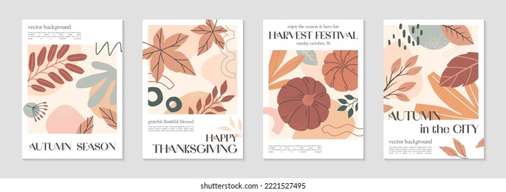 Happy Thanksgiving dinner and harvest posters with pumpkins,foliage and copy space for text.Autumn season covers for invitations,social media marketing,greetings,brochure.Trendy holiday backgrounds.