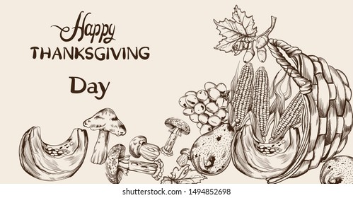 Happy Thanksgiving dinner menu line art Vector. Fall havest veggies detailed illustration