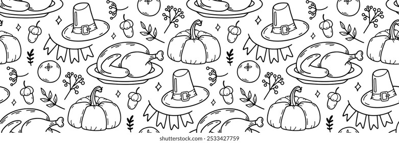 Happy Thanksgiving doodle pattern. Pumpkin, hat, garland of flags and turkey elements. Horizontal autumn background. Harvesting. For wallpaper, invitation. Vector hand drawn doodle illustration.