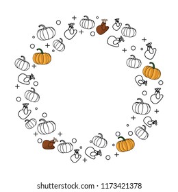 Happy Thanksgiving drawing with gold floral wreath. Illustration leaves, pumpkin, turkey, vegetables and fruits on textured background. Design for greeting card and invitation of seasonal fall