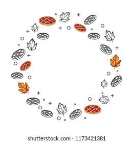 Happy Thanksgiving drawing with gold floral wreath. Illustration leaves, pumpkin, turkey, vegetables and fruits on textured background. Design for greeting card and invitation of seasonal fall