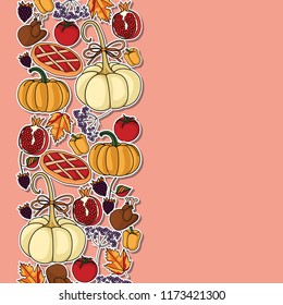 Happy Thanksgiving drawing. Illustration leaves, pumpkin, turkey, vegetables and fruits on textured background. Design for greeting card and invitation of seasonal fall holidays, halloween, Give