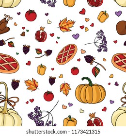 Happy Thanksgiving drawing. Illustration leaves, pumpkin, turkey, vegetables and fruits elements set. Design for greeting card and invitation of seasonal fall holidays, halloween, Give thanks, autumn