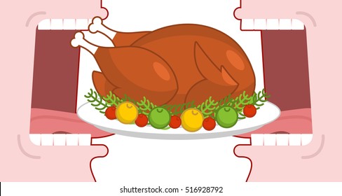 Happy Thanksgiving eat cooked turkey. Open mouth to make roast fowl on plate with apples. Historic family holiday in America
