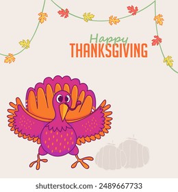 Happy Thanksgiving Elegantes Grußkarten-Design mit Happy Cartoon Türkei Vogel in Dekoration von Ahorn Schnur Hintergrund.