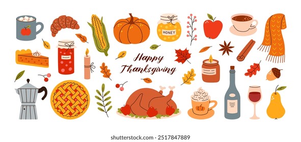 Happy Thanksgiving element set. Fall icons. Harvest festival. Autumn leaves, turkey, hot chocolate, traditional food, wine, pie, corn, pumpkin, candle, scarf, mug. Vector flat illustration.