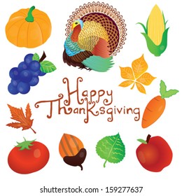Happy Thanksgiving Elements and Icons on White Background