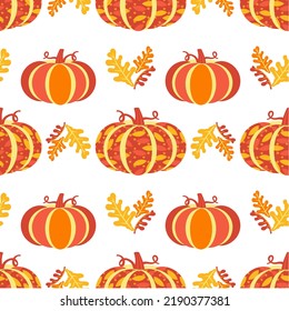 Happy Thanksgiving Fall holiday decorative seamless vector flat pattern. Cute pumpkin, oak leaves cartoon design. Hand drawn autumn Fall harvest holiday festival celebration background illustration