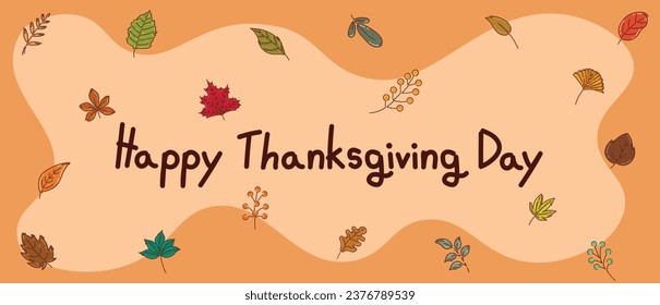 Happy Thanksgiving with fall leaves. Write a message by hand Graphic for printing greeting cards, t-shirts, banners, posters. Colorful autumn leaves.