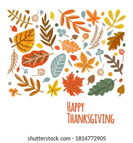 Happy Thanksgiving. Falling autumn leaves in hand drawing style. Greeting card, invitation, flyer, banner, poster templates. Vector illustration.