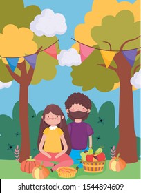 happy thanksgiving family, couple sitting in the park with food vector illustration happy thanksgiving family, couple sitting in the park with food vector illustration