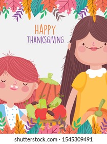 happy thanksgiving family, mom and daughter food and foliage decoration vector illustration