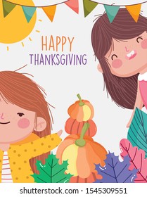 happy thanksgiving family, smiling girls with pumpkins leaves garland celebration vector illustration