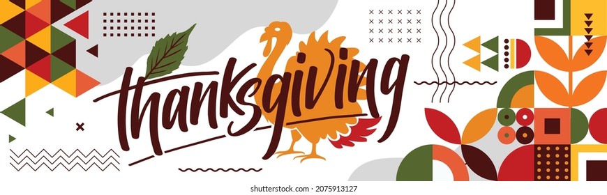 happy thanksgiving festival banner design with typography, turkey bird and abstract colorful geometric shapes and retro background. Vector illustration