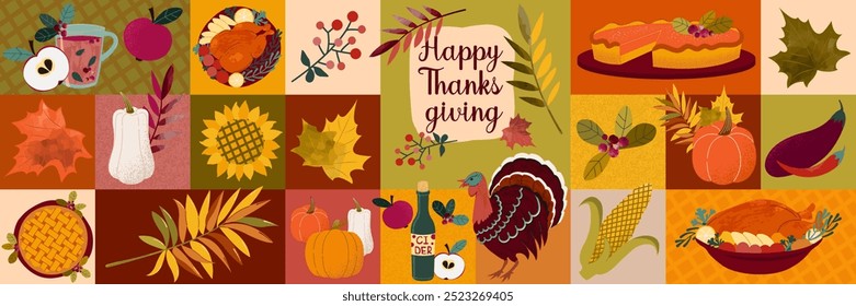 Happy Thanksgiving. Festive banner with geometric ornaments with harvest symbols and traditional dishes.