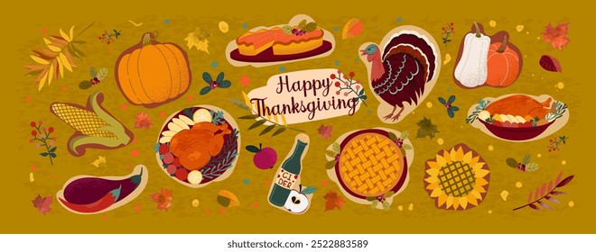 Happy thanksgiving. Festive banner with harvest symbols and traditional dishes. Roast turkey, pumpkin pie.