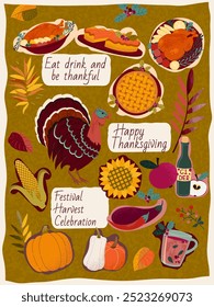 Happy thanksgiving. Festive poster with harvest symbols and traditional dishes. Roast turkey, pumpkin pie.