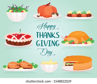 Happy Thanksgiving flat greeting card vector template. Different types of holiday dishes. Turkey and cherry pie. Postcard design with cartoon illustrations. Banner, poster layout with typography