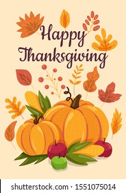 Happy Thanksgiving flat illustration with calligraphic inscription. American holiday greeting card