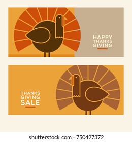 Happy Thanksgiving flat minimalist banner designs with abstract turkey and space for text. For greeting cards, banners, flyers, print.