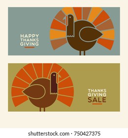 Happy Thanksgiving flat minimalist banner designs with abstract turkey and space for text. For greeting cards, banners, flyers, print.