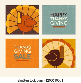 Happy Thanksgiving flat minimalist design elements. Abstract turkeys and text designs. For social media, greeting cards, web banners, flyers, print.