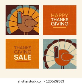 Happy Thanksgiving flat minimalist design elements. Abstract turkeys and text designs. For greeting cards, web banners, flyers, scrapbooks.