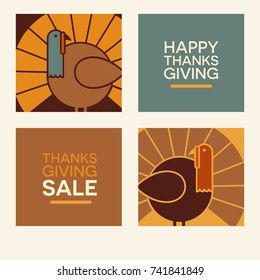 Happy Thanksgiving flat minimalist design elements. Abstract turkeys and text designs. For greeting cards, web banners, flyers, print.