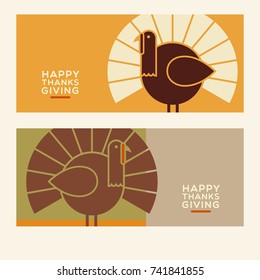 Happy Thanksgiving flat minimalist design elements. Abstract turkeys and text designs. For greeting cards, web banners, flyers, print.