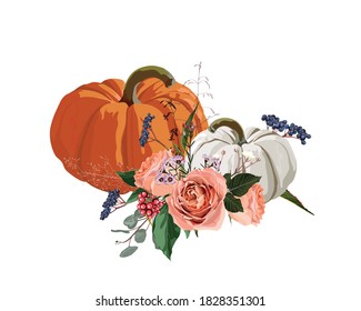 Happy Thanksgiving floral watercolor style greeting card design. Autumn season invite nature. Pumkin and roses flowers.