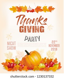 Happy Thanksgiving Flyer with colorful leaves and autumn vegetables Vector.