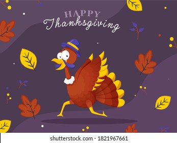 Happy Thanksgiving Font with Cartoon Turkey Bird in Running Pose and Leaves Falling on Purple Background.