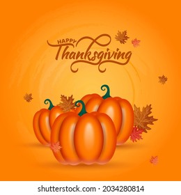 Happy Thanksgiving Font With Glossy Pumpkins And Maple Leaves Decorated On Orange Background.