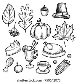 Happy thanksgiving food doodles isolated on white background. Vector illustration. Can be used for holiday design.