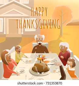 Happy Thanksgiving. Fun Greeting Card. Vector Illustration of Big Family that Celebrate Thanksgiving Day Sitting at Table Outdoors. Shocked Live Turkey. Colorful Illustration. Vector Background.