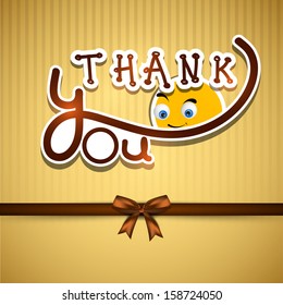 Happy Thanksgiving funky greeting card with cartoon of smiling sun and shiny text Thank You on golden background. 